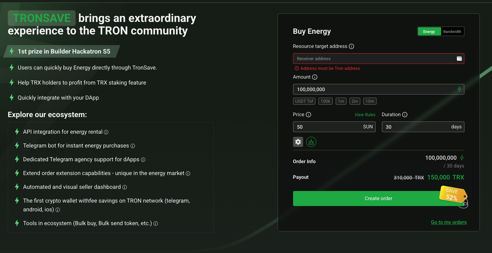 Renting energy on TronSave reduces TRON transaction fees